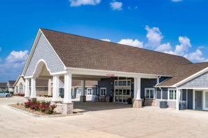 The Villas of Holly Brook & Reflections Memory Care entrance on McClusky Road, State Highway 109 in Jerseyville, IL.