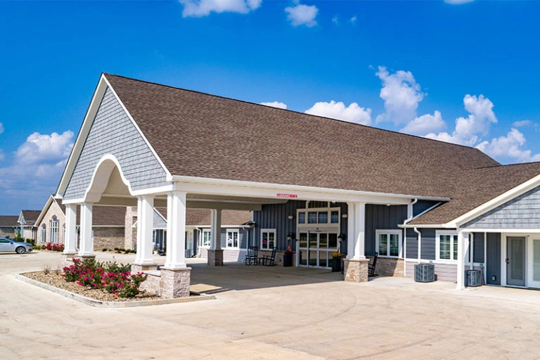 The Villas of Holly Brook & Reflections Memory Care entrance on McClusky Road, State Highway 109 in Jerseyville, IL.