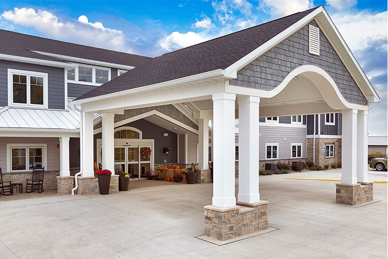 The Villas of Holly Brook & Reflections Memory Care entrance on the Fox Creek Road stretch of Historic Route 66 in Bloomington, IL.