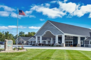 The Villas of Holly Brook & Reflections Memory Care entrance on Centennial Drive in East Peoria, IL.