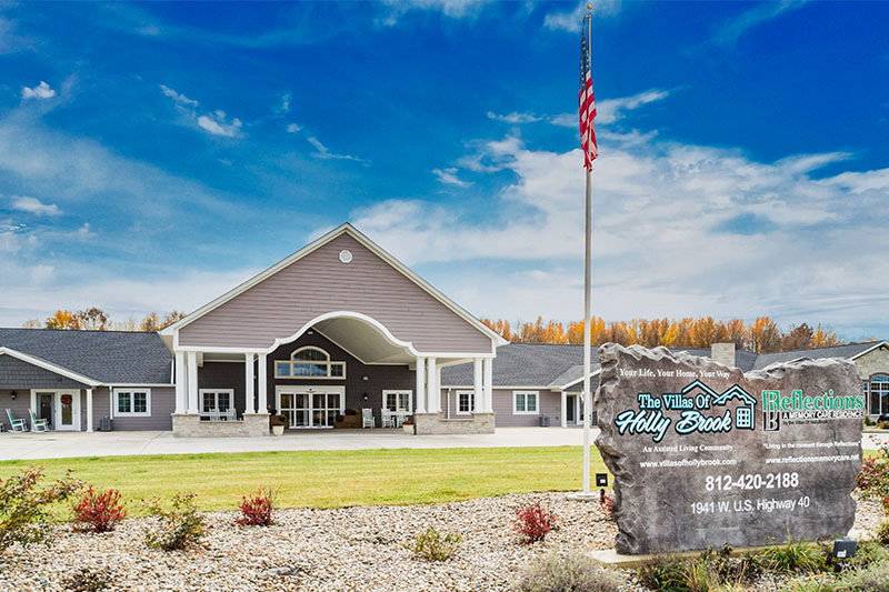 The Villas of Holly Brook & Reflections Memory Care entrance off Highway 40 West in Brazil, IN.