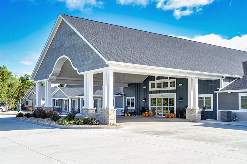 The Villas of Holly Brook & Reflections Memory Care entrance on Frank Scott Parkway in Belleville, IL.