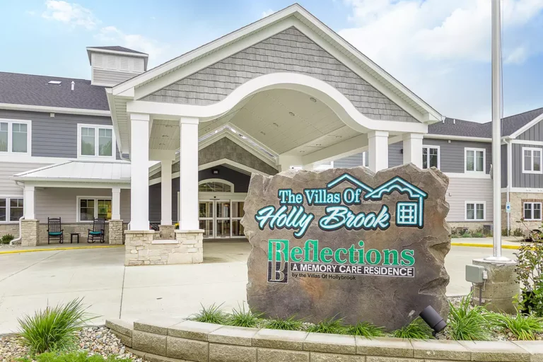 The Villas of Holly Brook & Reflections Memory Care entrance on 18th Street in Charleston, IL.